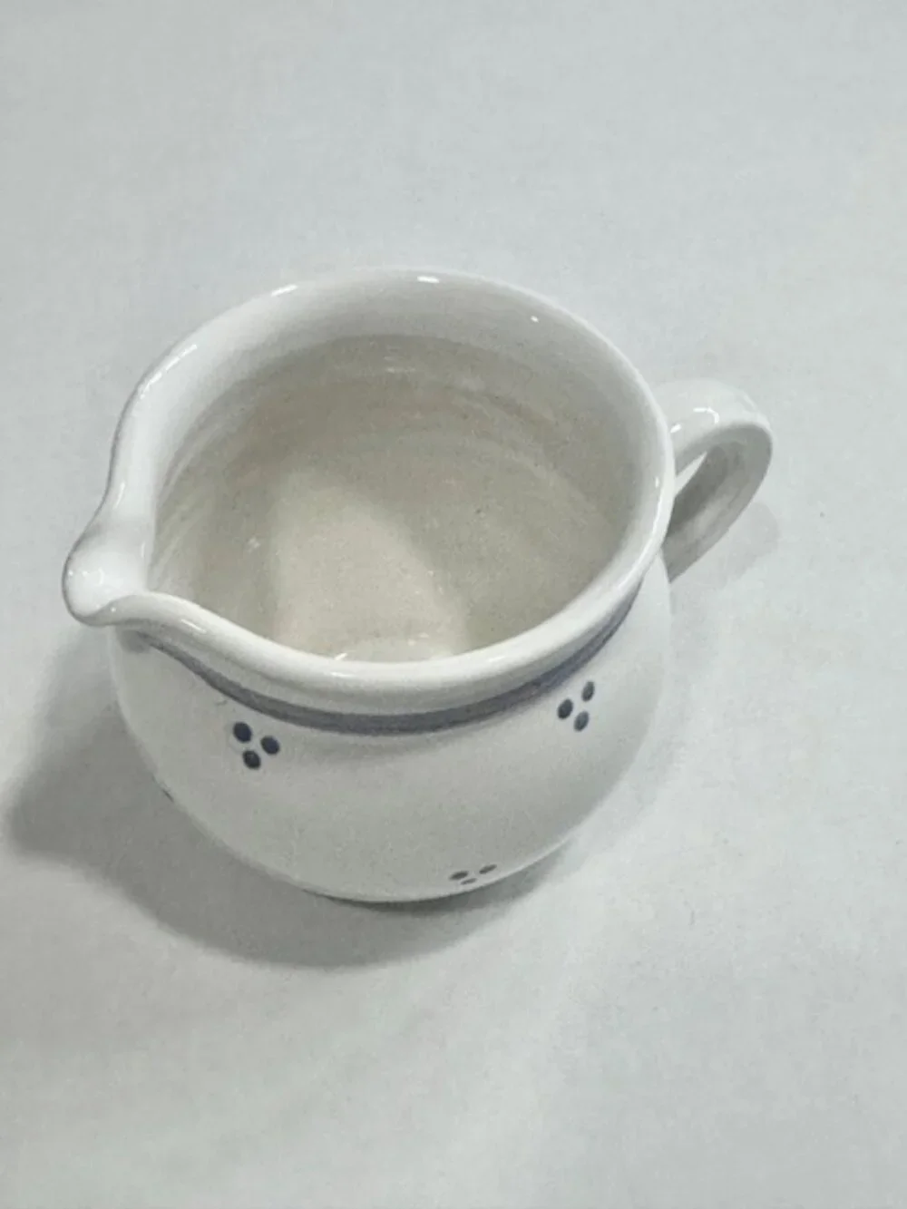 Vintage Ceramic Creamer with Handle Triple Dot Design Blue Line Rim White 3.5in